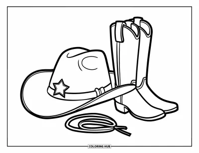 Coloriage de rodéo pour enfants : Chapeau de cowboy avec insigne étoilé posé près des bottes
