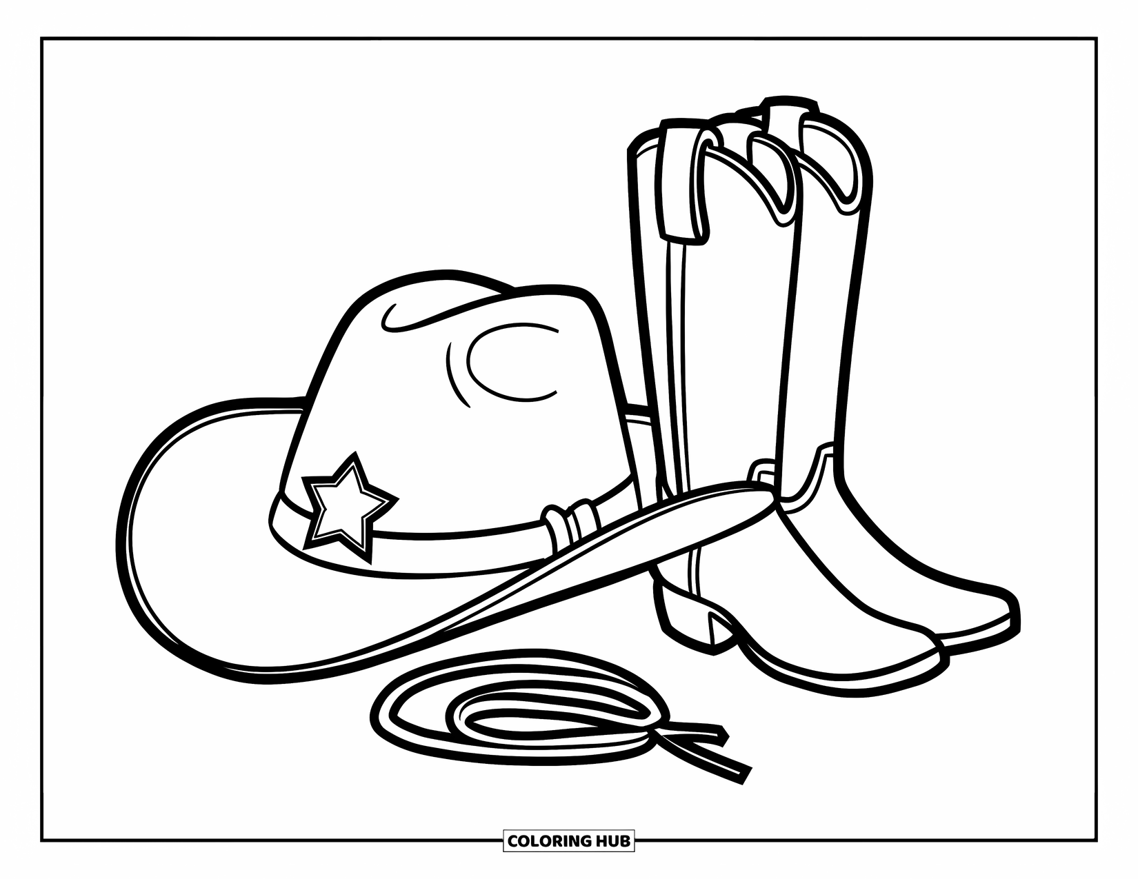 Rodeo Coloring Page for Kids: Cowboy hat with star badge pinned beside boots