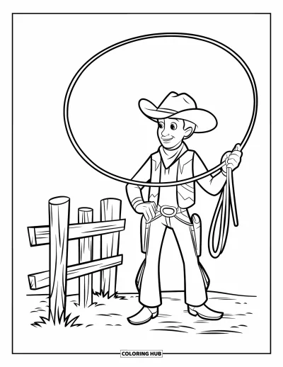 Coloriage de rodéo pour enfants : Cowboy tenant un lasso debout près d'une clôture en bois à l'extérieur
