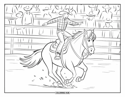 Coloriage de rodéo pour enfants : Cowboy sur un bronco au galop avec les rênes qui volent dans une arène de rodéo animée