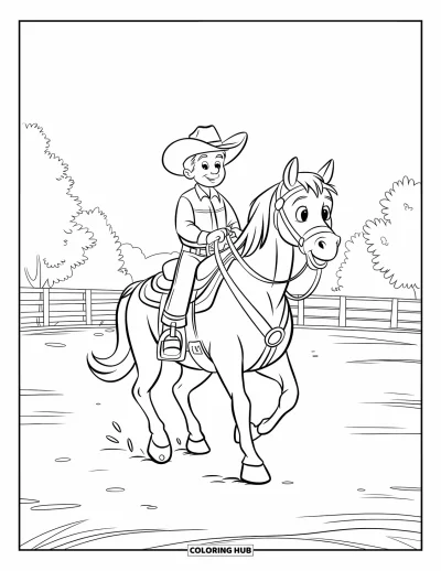 Coloriage de rodéo pour enfants : Cowboy à cheval souriant en chevauchant près d'un champ de rodéo clôturé
