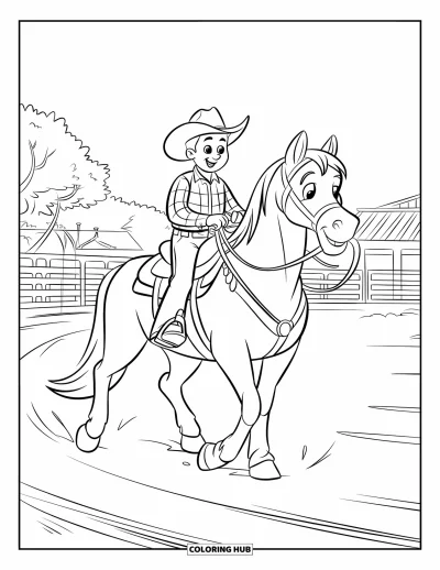 Coloriage de rodéo pour enfants : Cowboy chevauchant tranquillement dans une arène entourée d'arbres et d'un bâtiment