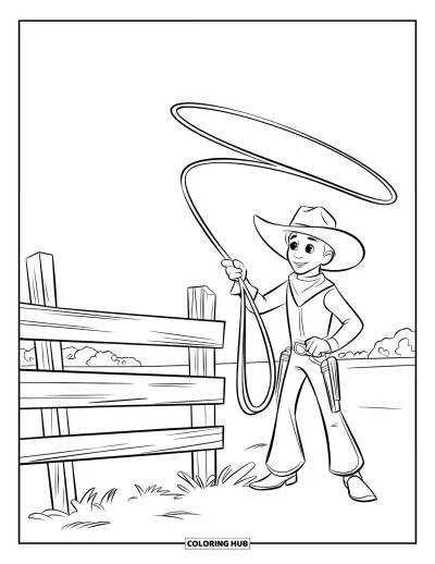 Coloriage de rodéo pour enfants : Cowboy avec lasso près d'une clôture dans un champ ouvert