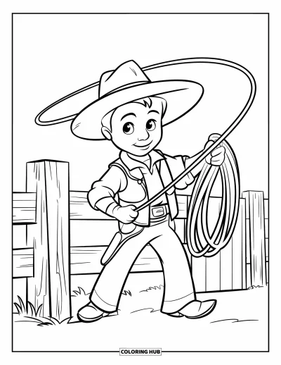 Coloriage de rodéo pour enfants : Cowboy avec lasso debout près d'une petite clôture en bois