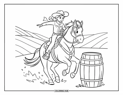 Coloriage de rodéo pour enfants : Cowgirl au galop autour d'un tonneau sur fond de collines verdoyantes dans un rodéo animé