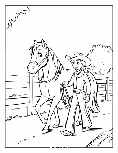 Coloriage de rodéo pour enfants : Cowgirl tenant les rênes et promenant un poney à crinière blanche près d'une clôture