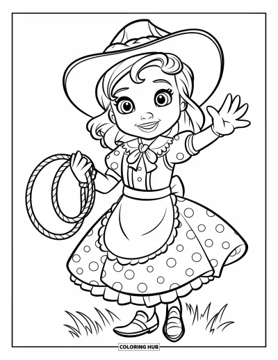 Coloriage de rodéo pour enfants : Cowgirl en robe qui salue avec une corde dans un champ herbeux