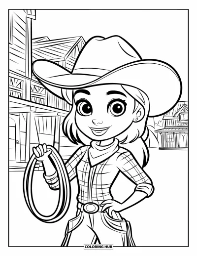 Coloriage de rodéo pour enfants : Cowgirl en chapeau qui salue avec une corde dans une ville western