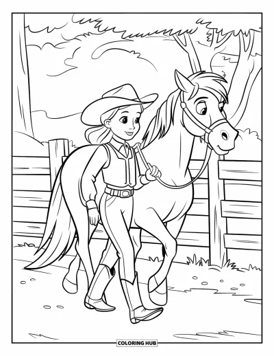 Coloriage de rodéo pour enfants : Cowgirl en gilet promenant son poney près d'une clôture en bois et des arbres