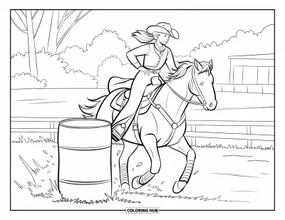 Coloriage de rodéo pour enfants : Cowgirl à cheval contournant un tonneau à toute vitesse dans un champ herbeux