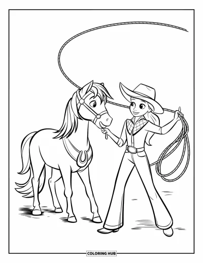 Coloriage de rodéo pour enfants : Cowgirl faisant tournoyer un lasso près de son poney dans un champ ouvert