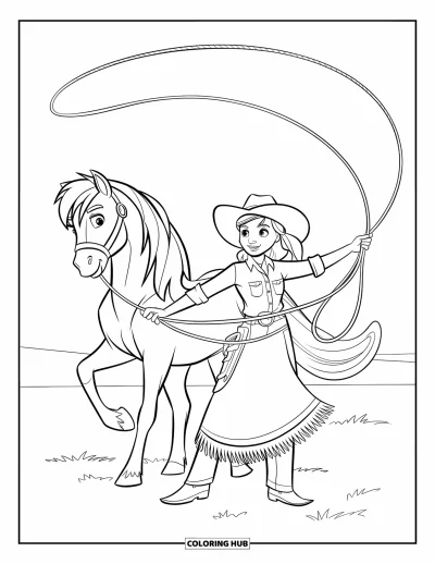 Coloriage de rodéo pour enfants : Cowgirl faisant tournoyer un lasso à côté de son poney dans un champ herbeux