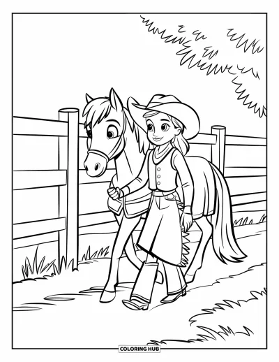 Coloriage de rodéo pour enfants : Cowgirl se promenant avec son poney près d'une clôture dans un vaste champ