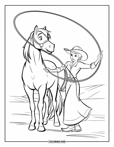 Coloriage de rodéo pour enfants : Cowgirl avec lasso debout près de son poney dans un champ ouvert