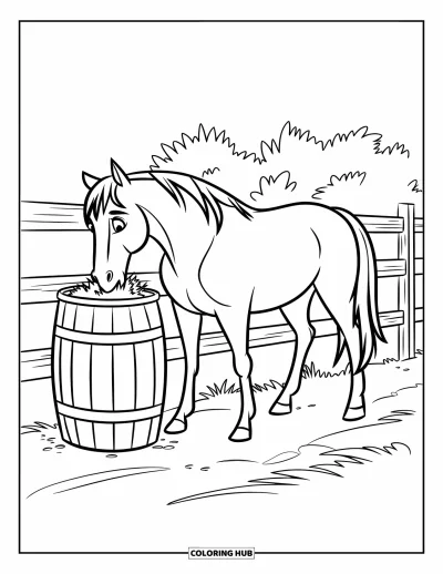 Coloriage de rodéo pour enfants : Cheval mangeant du foin dans un tonneau près d'une clôture en bois