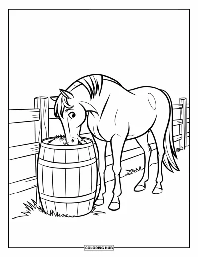 Coloriage de rodéo pour enfants : Cheval mangeant du foin près d'une clôture en bois avec des barres métalliques