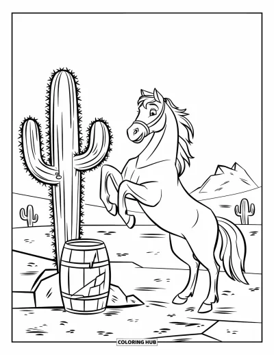 Coloriage de rodéo pour enfants : Cheval cabré près d'un cactus et d'un tonneau sur un terrain désertique rocailleux