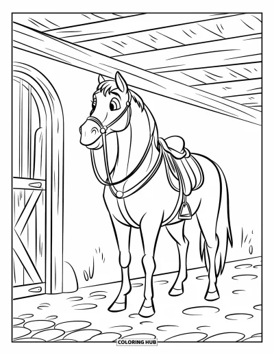 Coloriage de rodéo pour enfants : Cheval sellé avec rênes debout dans une écurie