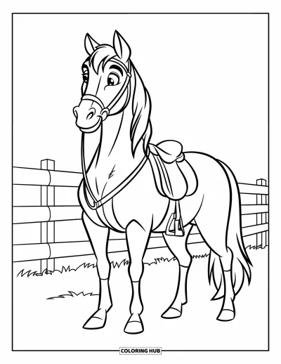 Coloriage de rodéo pour enfants : Cheval sellé avec rênes debout près d'une clôture dans un champ