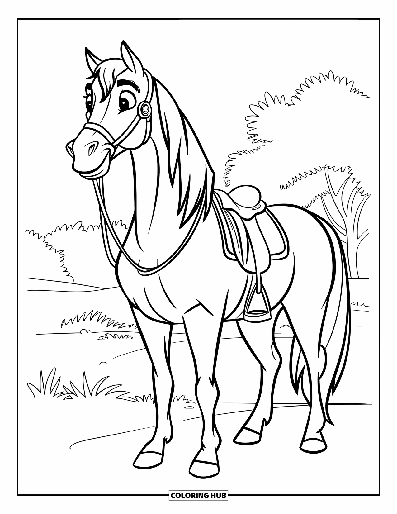 Rodeo Coloring Page for Kids: Horse with mane and saddle stands in open field