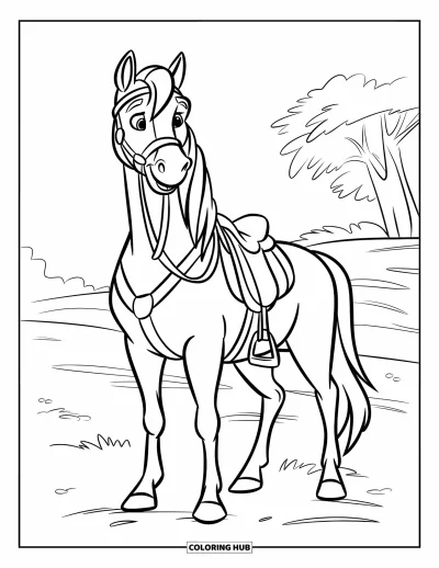 Coloriage de rodéo pour enfants : Cheval avec selle et bride debout sur un terrain herbeux