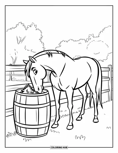 Coloriage de rodéo pour enfants : Grand cheval mangeant du foin dans un tonneau près d'un portail clôturé
