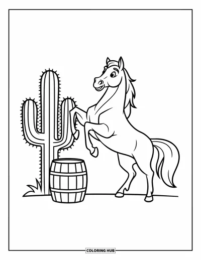 Coloriage de rodéo pour enfants : Cheval cabré près d'un cactus et d'un tonneau sans arrière-plan
