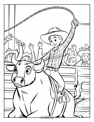 Coloriage de rodéo pour enfants : Cavalier en chapeau et chemise à carreaux sur un taureau avec une foule qui agite les mains