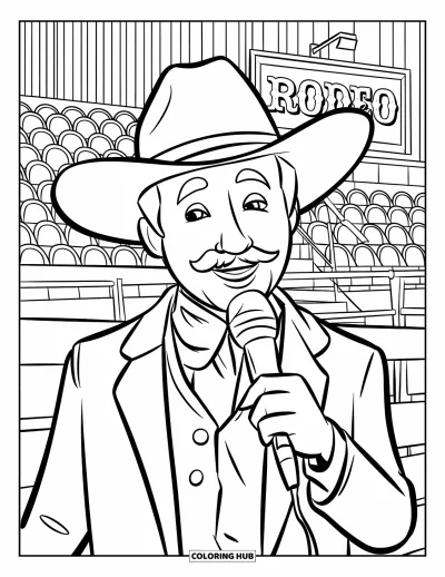 Coloriage de rodéo pour enfants : Présentateur de rodéo avec moustache et chapeau sur une estrade