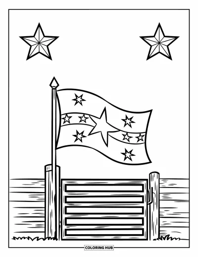 Coloriage de rodéo pour enfants : Portail de rodéo avec drapeau et étoiles au-dessus d'un cadre en bois