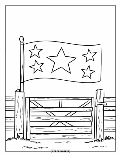 Coloriage de rodéo pour enfants : Portail de rodéo avec drapeau et étoiles au-dessus d'une structure en bois
