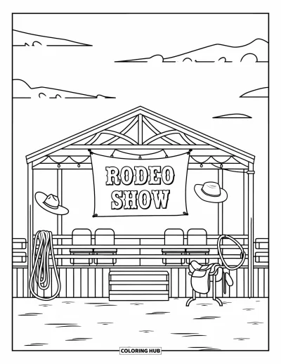 Coloriage de rodéo pour enfants : Scène de spectacle de rodéo avec chaises, banderole et décorations de cowboy