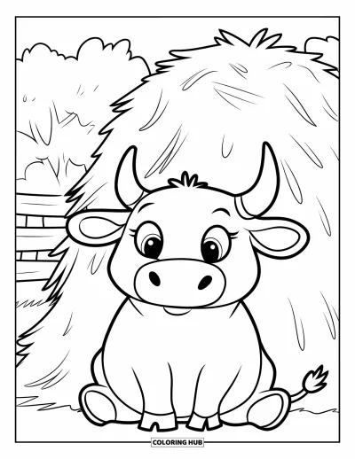 Coloriage de rodéo pour enfants : Taureau rond aux petites cornes se reposant devant une meule de foin et une clôture