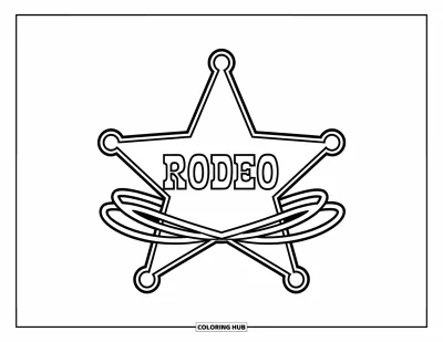 Coloriage de rodéo pour enfants : Étoile de shérif portant la mention "RODEO" avec deux lassos croisés en dessous