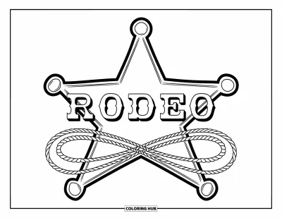Coloriage de rodéo pour enfants : Étoile de shérif portant la mention "RODEO" avec deux lassos croisés