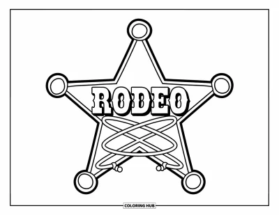 Coloriage de rodéo pour enfants : Étoile de shérif portant la mention "RODEO" avec deux lassos croisés