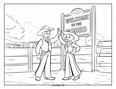 Coloriage de rodéo pour enfants : Cowboy et cowgirl souriants qui tapent dans la main près d'un panneau "Welcome to the Rodeo"