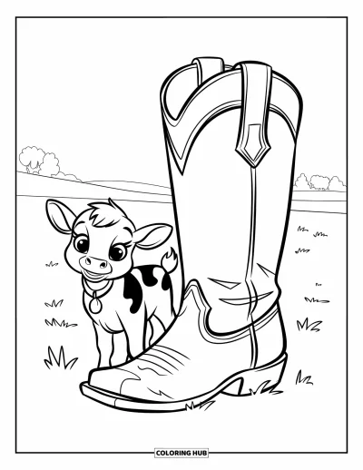 Coloriage de rodéo pour enfants : Veau tacheté avec collier debout près d'une grande botte à l'extérieur