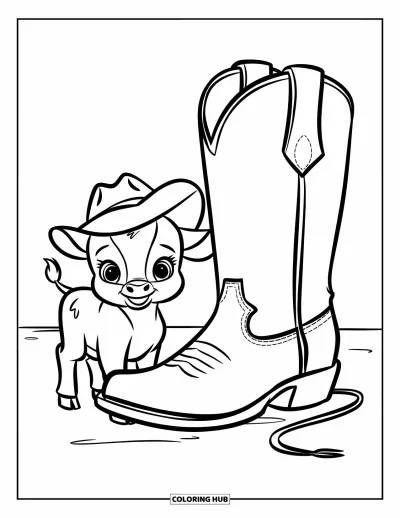Coloriage de rodéo pour enfants : Adorable veau avec petit chapeau debout près d'une botte de cowboy