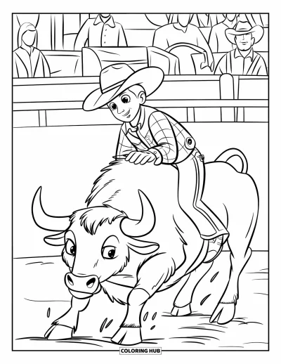 Coloriage de rodéo pour enfants : Jeune cowboy agrippé à un taureau qui rue dans une scène de rodéo poussiéreuse