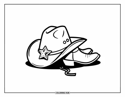Coloriage de rodéo pour enfants : Chapeau de cowboy incliné avec insigne et bottes posées à côté