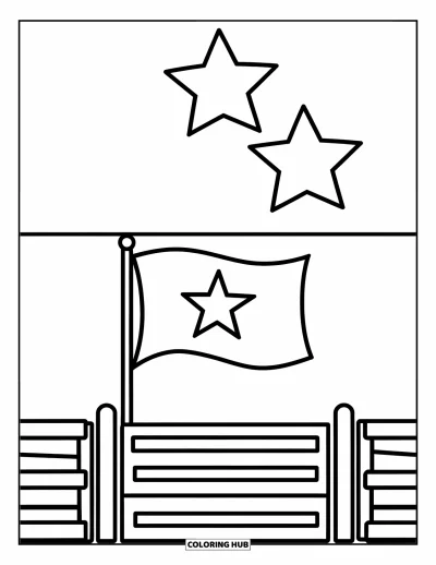 Coloriage de rodéo pour enfants : Portail de rodéo en bois surmonté d'un drapeau et d'étoiles