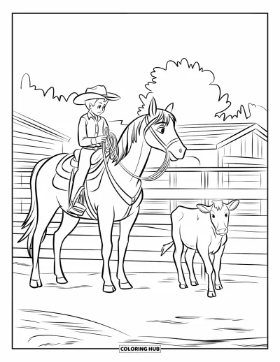 Coloriage de rodéo pour enfants : Jeune cavalier à cheval tenant une corde près d'un veau dans un enclos clôturé