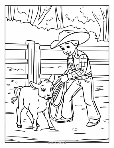 Coloriage de rodéo pour enfants : Jeune cavalier dans un enclos avec un veau, tenant une corde, près d'une clôture et des arbres