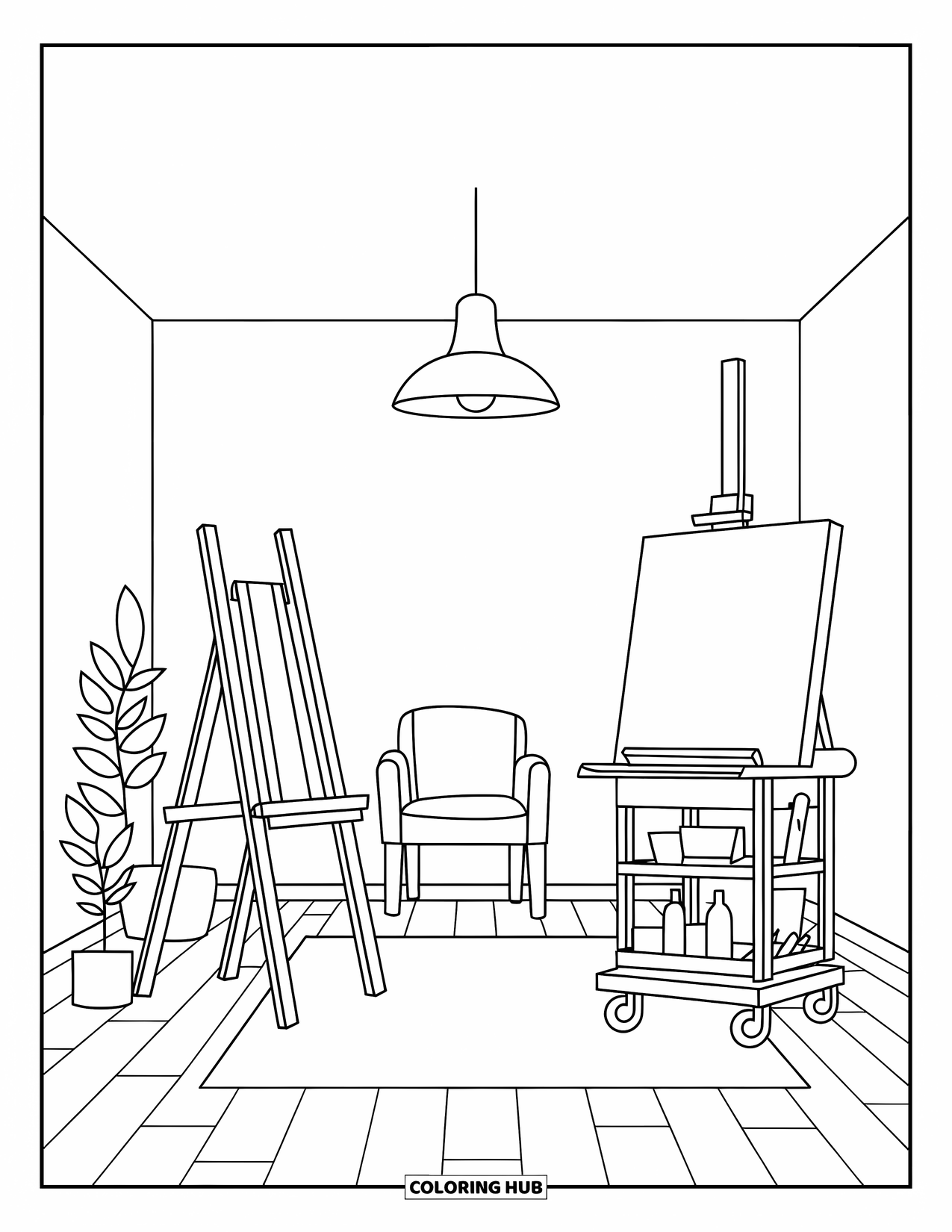 Room Coloring Page for Adults: Artist's studio with easel, empty canvas, cart, chair, and wooden floor