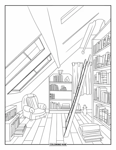 Coloriage de chambre pour adultes : Bibliothèque en grenier avec plafond mansardé, étagères, fauteuil de lecture et fenêtre à rideaux