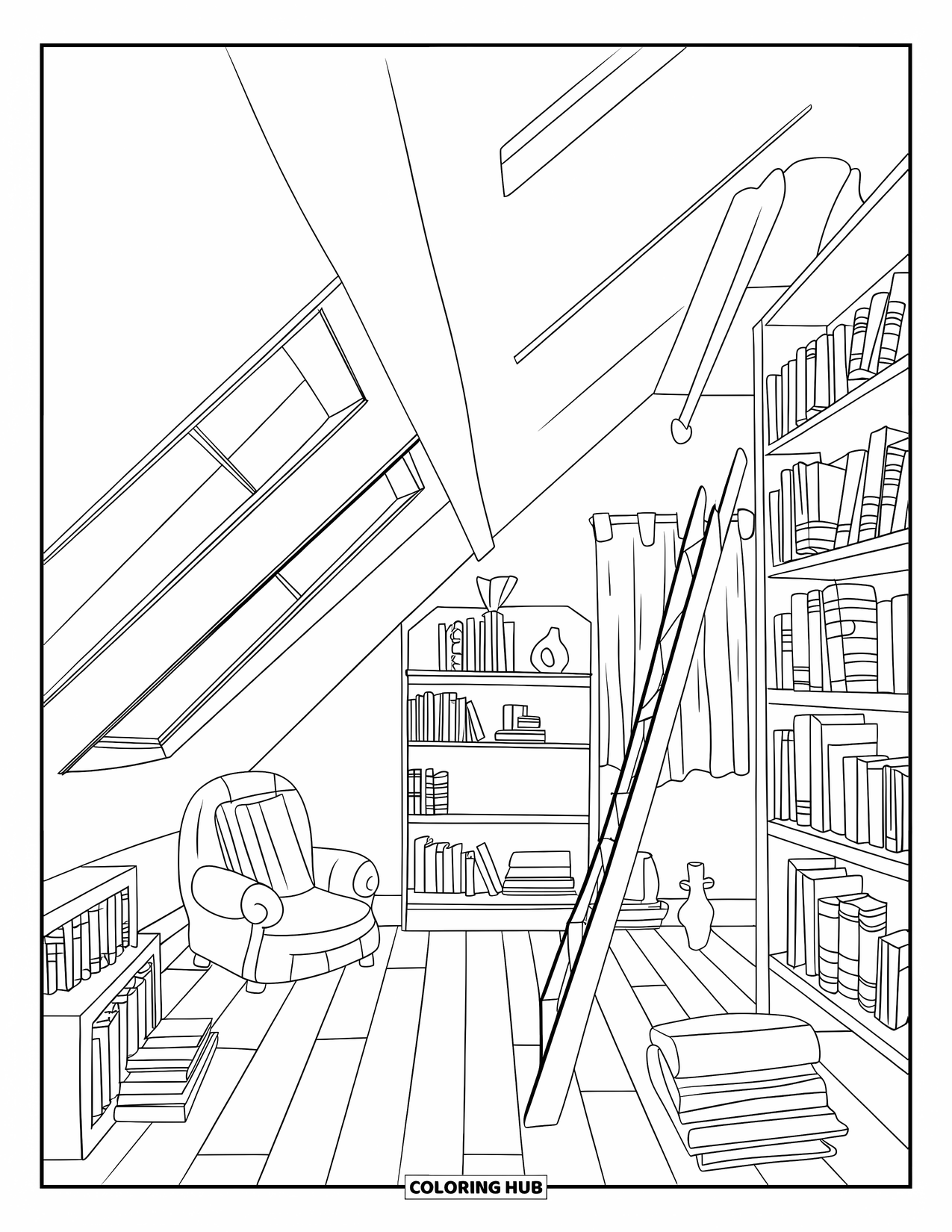 Room Coloring Page for Adults: Attic library with sloped ceiling, bookshelves, reading chair, and curtain window
