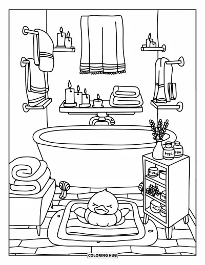 Coloriage de chambre pour adultes : Salle de bain avec baignoire ovale, bougies, serviettes et canard endormi sur un tapis