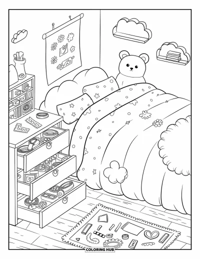 Coloriage de chambre pour adultes : Chambre avec lit à couette, ours en peluche et bureau créatif plein de tampons