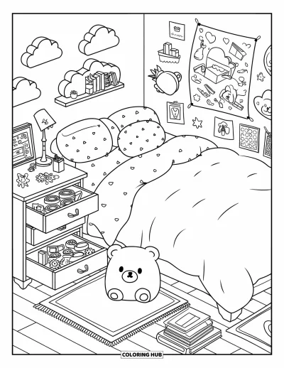 Coloriage de chambre pour adultes : Chambre avec cassettes, tampons, ours en peluche, livres, lampe et petite plante